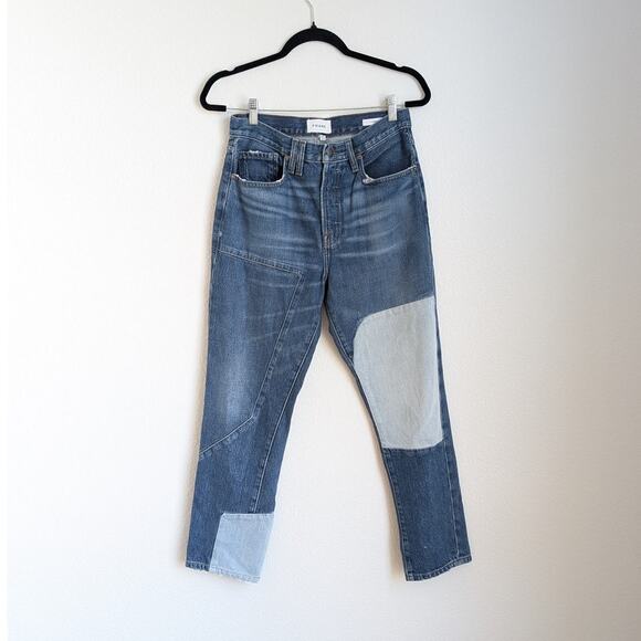 FRAME Le Original Blue Denim Patchwork High-rise Straight Leg Jeans, size 27 - Picture 1 of 10